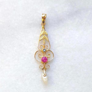 Lavalier Pendant 10k Solid Gold Natural Ruby, Sapphire & Pearl Accent - 1.45g