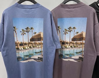 Palm Trees Poolside Photo T-shirt | Vintage Resort Scene Tee | Comfort Colors 1717 Oversized Streetwear | Retro Aesthetic Graphic Back Print