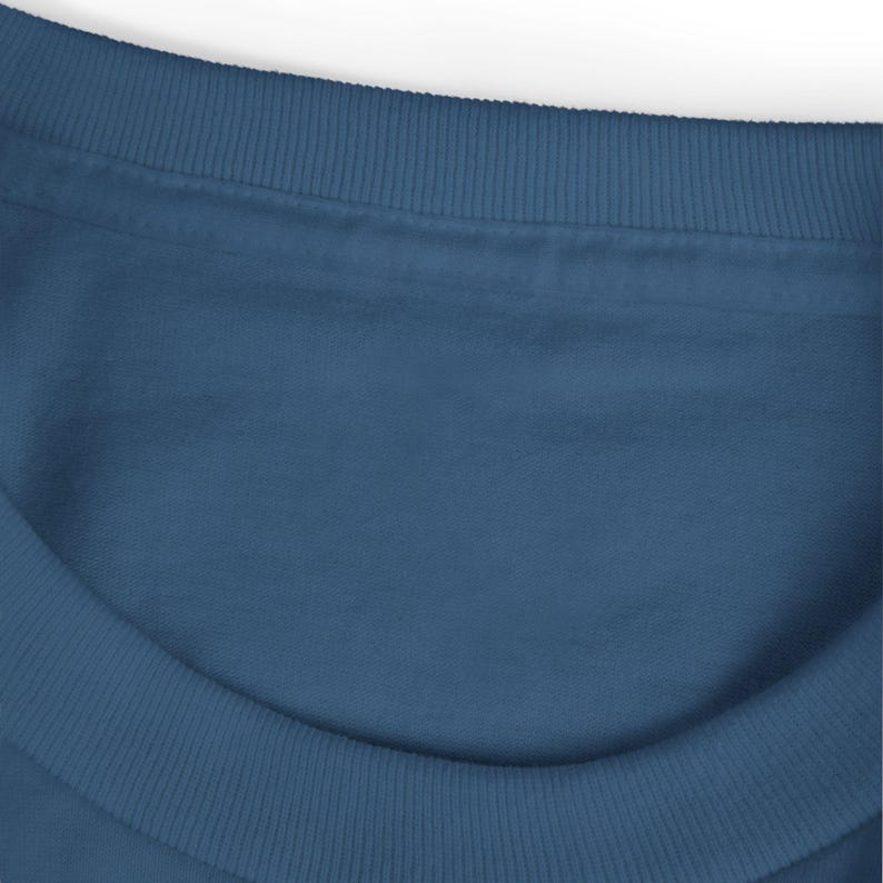 May include: Close-up of a blue crew neck sweatshirt. The neckline and the top of the shoulders are visible. The neckline has a ribbed texture, and the fabric is a solid, medium blue color.