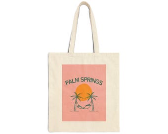 Palm Springs Canvas Tote Bag | Retro Pink Poster Eco Bag | Aesthetic Beach Travel Tote | Vintage California Summer Purse