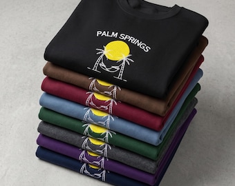 Palm Springs Embroidered Sweatshirt | Dark Heather Vintage Crewneck | Large Center Chest Embroidery | Retro Grunge Varsity Pullover
