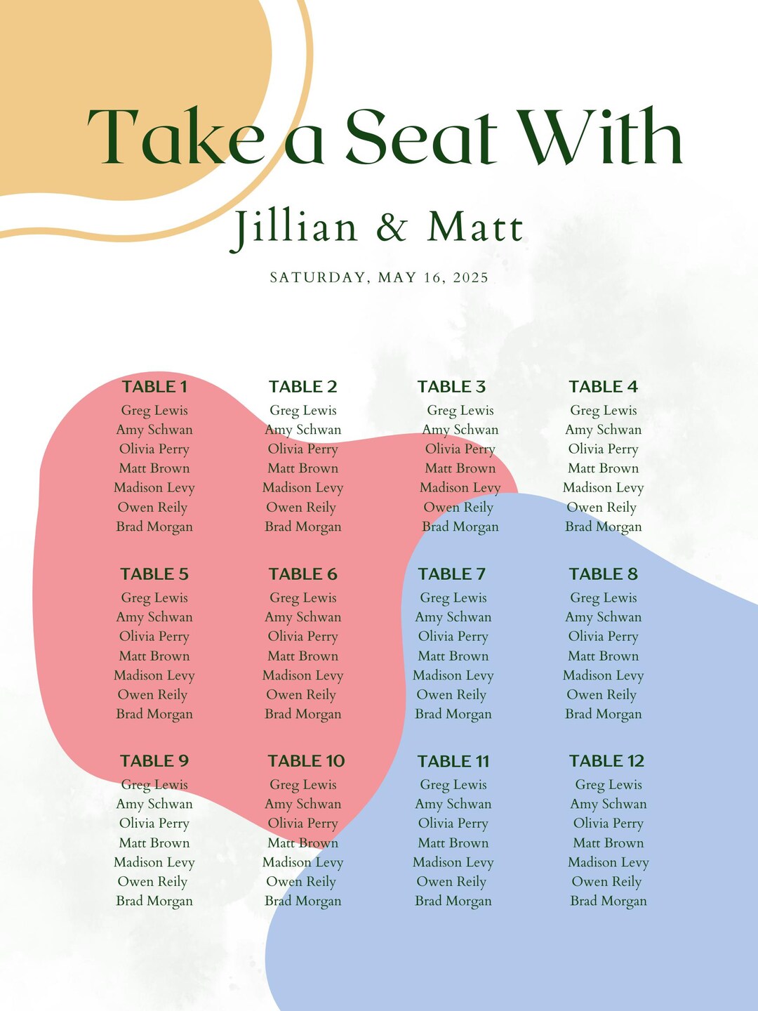 Seating Chart Template - Etsy