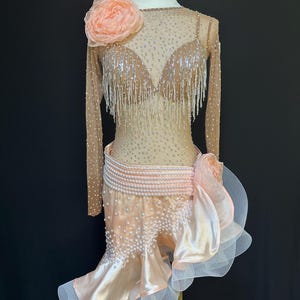 Peach Latin Dance Dress: Rhinestone Ballroom Costume, Size S