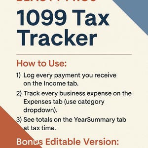 May include: A digital graphic for barbers and beauty professionals, titled "1099 Tax Tracker." The design features text instructions on how to use the tracker, including logging income and expenses. A bonus editable version is available.