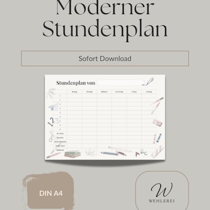 Puede incluir: Un horario escolar imprimible digital con el texto "Moderner Stundenplan" y "Sofort Download". El horario es blanco con una cuadrícula para asignaturas y días, y presenta ilustraciones de acuarela de útiles escolares. El tamaño es DIN A4.