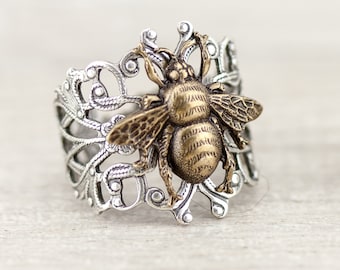 Mixed metal honey bee ring.  Mens or womens Size 4 4.5 5 5.5 6 6.5 7 7.5 8 8.5 9 9.5 10 10.5 11 11.5 12  Unique Apiary apiarist farmer gift