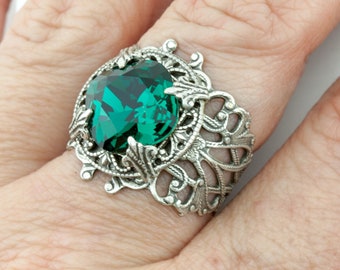 EMERALD Ring Silver band. May birthstone. Size 4 4.5 5 5.5 6 6.5 7 7.5 8 8.5 9 9.5 10 10.5 11 11.5 12 12.5 Celtic Cocktail statement ring