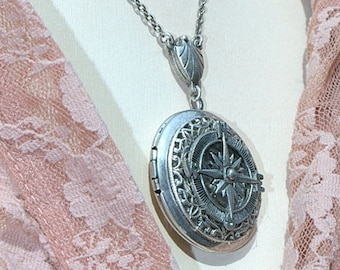 Silver Compass LOCKET NECKLACE. True North. Good bye Graduation gift. Best Friend BFF Mom Daughter sister jewelry.