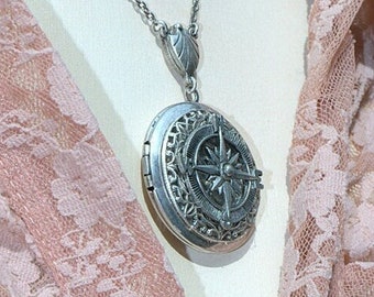 Silver Locket Necklace. Compass jewelry. Beach nautical wedding. Matching Bridesmaid gift. Good bye Graduation. Steampunk style