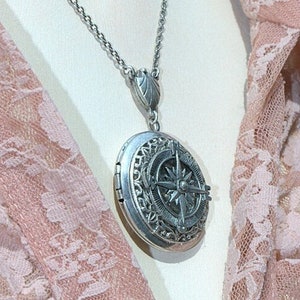 Silver Locket Necklace. Compass jewelry. Beach nautical wedding. Matching Bridesmaid gift. Good bye Graduation. Steampunk style