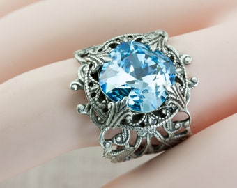 Aquamarine Ring ALL SIZES / March Birthstone / something blue / Vintage style 4 4.5 5.5 6.5 7.5 8.5 9.5 10.5 11.5 12.5 Light sky ocean sea