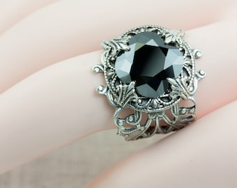 RING black, also in Crystal clear diamond or black diamond / silver ring adjustable Size  4.5  5.5  6.5 7 7.5 8 8.5 9 9.5 10 10.5 11.5 12.5