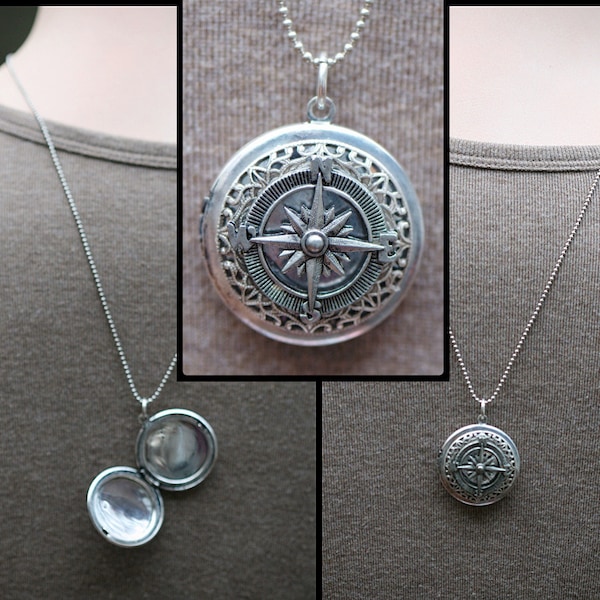 1 Locket compass necklace for Men or for Women. Matching couples jewelry gift. Deployment, graduation, anniversary him or her wife husband.