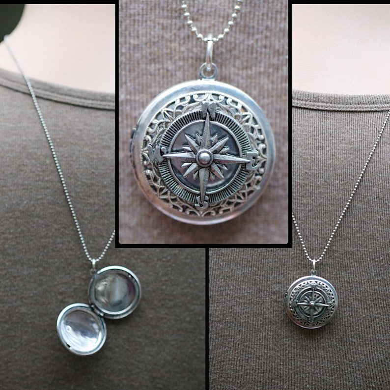 1 Locket compass necklace for Men or for Women. Matching couples jewelry gift. Deployment, graduation, anniversary him or her wife husband. image 1