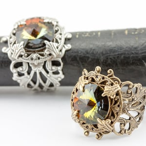 Bronze OR Silver filigree ring with RARE Swarovski vintage jewel. Size 4.5 5.5 6.5 7.5 8.5 9.5
