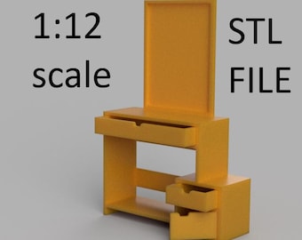 May include: A yellow miniature vanity with a mirror, drawers, and a shelf. The text "1:12 scale" and "STL FILE" are displayed. This item is likely a 3D model or a dollhouse furniture piece.