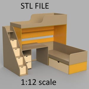 Miniature bunk bed. STL/STEP file for 3D Printing, 1:12 Scale.