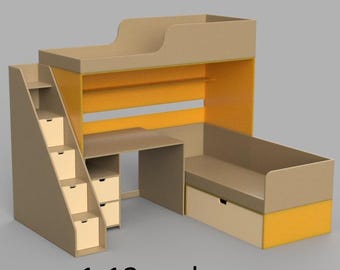 ミニチュア二段ベッド。3Dプリント用STL/STEPファイル、1:12スケール。