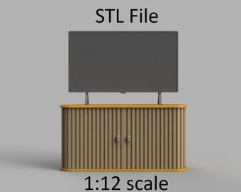 Miniature TV stand and tv. STL/STEP file for 3D Printing, 1:12 Scale.