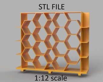 Miniature bookshelf, rack. STL/STEP file for 3D Printing, 1:12 Scale.