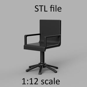 May include: A black 1:12 scale chair model. The chair has a rectangular seat and back with armrests. The chair is mounted on a black, star-shaped base. The text "STL file" and "1:12 scale" are displayed above and below the chair.
