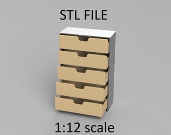 Miniature Chest of drawers. STL/STEP file for 3D Printing, 1:12 Scale.