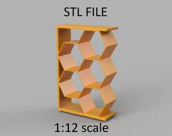 Miniature bookshelf, rack. STL/STEP file for 3D Printing, 1:12 Scale.