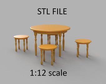 Miniature chaire and table. STL/STEP file for 3D Printing, 1:12 Scale.