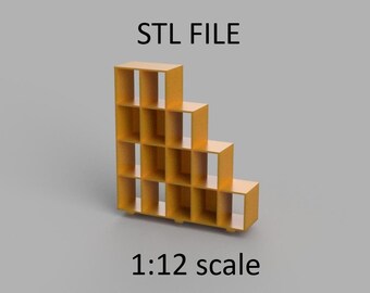 Miniature bookshelf, rack. STL/STEP file for 3D Printing, 1:12 Scale.