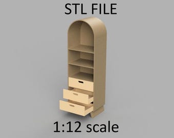 Miniature bookshelf, rack. STL/STEP file for 3D Printing, 1:12 Scale.