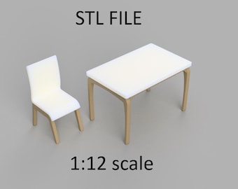 Miniature chaire and table. STL/STEP file for 3D Printing, 1:12 Scale.