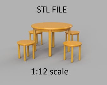 Miniature chaire and table. STL/STEP file for 3D Printing, 1:12 Scale.