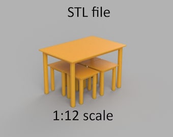 Miniature chaire and table. STL/STEP file for 3D Printing, 1:12 Scale.