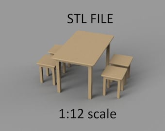 Miniature kitchen chaire and table. STL/STEP file for 3D Printing, 1:12 Scale.