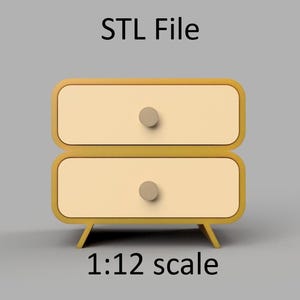 May include: A two-drawer nightstand model in a 1:12 scale. The nightstand has a light yellow frame with rounded edges and two drawers with light yellow fronts. Each drawer has a small, round, beige knob. The text "STL File" and "1:12 scale" are displayed.