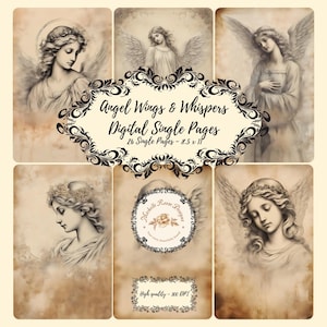 Pode incluir: Impressões de arte digital com figuras angelicais com asas e auréolas, em tons sépia. As impressões têm uma estética vintage. O texto "Angel Wings & Whispers Digital Single Pages" é exibido. 26 páginas individuais.