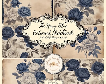 De marineblauwe botanische schetsboekpagina's voor digitale ongewenste dagboeken.