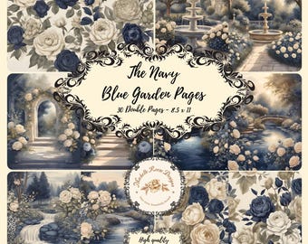 De marineblauwe tuin Digital Junk Journal-pagina's.