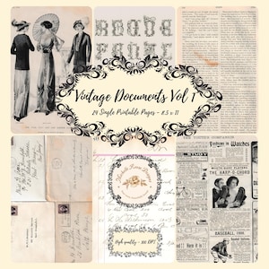 May include: A collection of 24 printable vintage documents featuring historical illustrations of people in period clothing, aged letter correspondence with handwritten addresses, newspaper clippings, and ledger pages with the text Vintage Documents Vol 1.