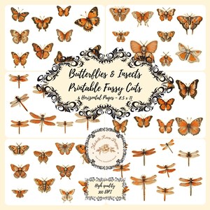 Op de afbeelding: Een digitale collagepagina met illustraties van oranje en bruine vlinders en libellen. De tekst luidt "Butterflies & Insects Printable Fussy Cuts" en "6 Horizontal Pages - 21,59 x 27,94 cm". Bevat een bloemmotief en de tekst "High quality 300 DPI".