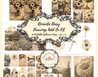 Romantische Daisy Drawings Digital Junk Journal-uitbreidingskit.