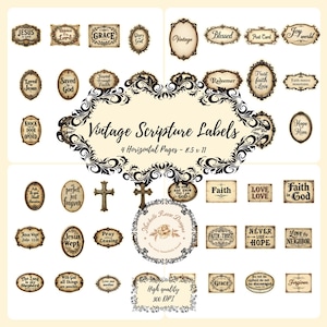 May include: A collection of vintage-style scripture labels with ornate frames and text. The labels feature phrases like "Jesus is Lord," "Grace," and "Faith." The design includes crosses and floral accents, with the text "Vintage Scripture Labels" at the center.