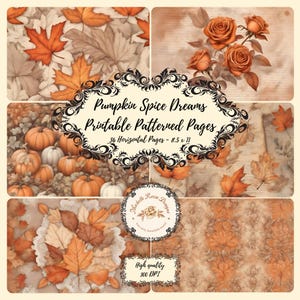 以下が含まれることがあります： 秋をテーマにしたデジタルペーパーのコラージュ。デザインには、オレンジと茶色の葉、カボチャ、バラが含まれています。「Pumpkin Spice Dreams Printable Patterned Pages 36 Horizontal Pages - 21.6 x 28 cm」と書かれています。「Michelle Reese Designs」のロゴと「High quality 300 DPI」が含まれています。