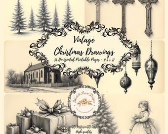 Vintage kersttekeningen digitale junkjournaalkit.