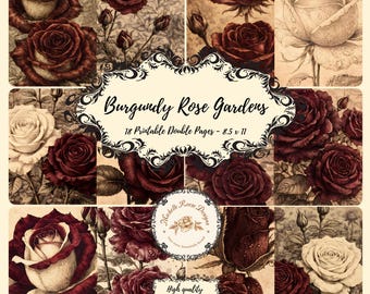 Burgundy Rose Gardens digitale ongewenste dagboek dubbele pagina's.
