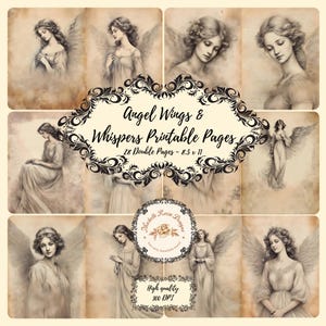 Pode incluir: Uma colagem de ilustrações de anjos em tons sépia. O design central apresenta o texto "Angel Wings & Whispers Printable Pages" com detalhes como "28 Double Pages - 8.5 x 11" e "High quality 300 DPI".