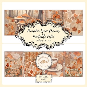 Puede incluir: Un folio imprimible digital titulado "Pumpkin Spice Dreams" con 19 páginas, midiendo 21,6 x 27,9 cm. El diseño presenta hojas de otoño, setas y una taza de café. La imagen es de alta calidad a 300 DPI.