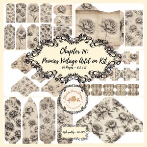 Può includere: Un kit digitale in stile vintage con illustrazioni di peonie nei toni del grigio e del beige. Il kit include etichette, buste ed elementi decorativi. Il testo recita "Chapter 14: Peonies Vintage Add on Kit" e "34 Pagine - 21,6 x 27,9 cm".