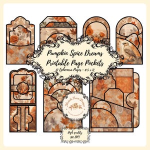 Op de afbeelding: Een verzameling bedrukbare pagina-pockets met een herfstthema. Het ontwerp bevat oranje rozen, herfstbladeren en een vogelillustratie. De tekst luidt "Pumpkin Spice Dreams Printable Page Pockets" en "21 Ephemera Pages - 21,6 x 27,9 cm".