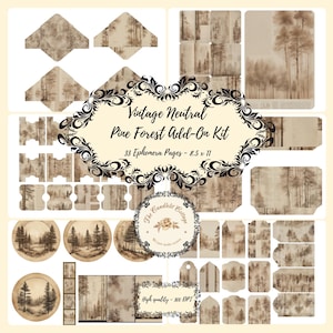 Może przedstawiać: Zestaw stron efemerycznych w stylu vintage z motywem lasu sosnowego. Zestaw zawiera różne kształty i rozmiary, takie jak koperty, etykiety i okrągłe wzory. Tekst na obrazie brzmi "Vintage Neutral Pine Forest Add-On Kit" i "High quality - 300 DPI".